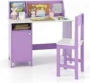 HONEY JOY Kids Table and Chair Set, Wooden Children Study Desk Chair Set w/Hutch, Cabinet, Bulletin Board, Student Workstation Writing Table for Bedroom, Study Room, Desk Chair for Aged 3+, Purple