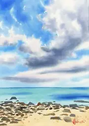 Seascape - Original 11.7 x 16.5" Watercolor Painting with Waves and Clouds