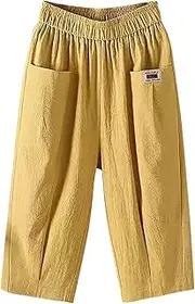 [Generic] Women Solid Color Cotton Linen Flax Elastic Pants Beach Leisure Trousers Cropped Shorts Plus Size Yoga Pants with Pockets for Women