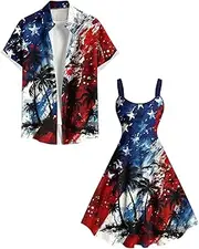 [ROSE GAL] Matchable Couple Hawaiian Tie Dye Coconut Tree Print Shirt or Plus Size Knee Length Fit and Flare Tank Dress