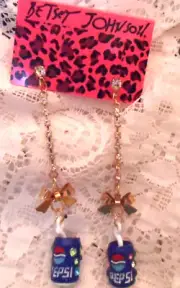 Betsey Johnson Earrings - GOLD TONE ENAMEL DANGLE w/PEPSI CAN & RHINESTONES