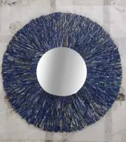 Round Shape Marble Dressing Mirror Lapis Crystal Resin Art Vanity Van Mirror