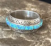 Blue Opal Eternity Band Navajo Sterling Silver Inlay Ring Size 8 14544