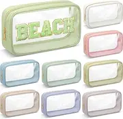 Cunno 9 Pcs Preppy Clear Makeup Bag DIY Chenille Letter Pouch Large Nylon Makeup Bag Travel Toiletry Zipper Cosmetic Organizer Pouch PVC Bags for Women, 9.5 x 5.1 x 2.8 Inch (Morandi Color)