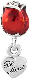 [LSxAB] Red Rose Charm Competible with Pandora Charm Bracelets Women Girls My Love you Couple Anniversary Heart Silver Dangle, No Gemstone