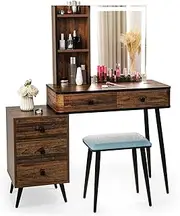 Giantex Dressing Table Stool Set, Vanity Table Set w/ 3-Color Touch Screen Dimming Mirror, Human Body Induction, 3-in-1 Charging Station, Storage Drawers, Cushioned Stool