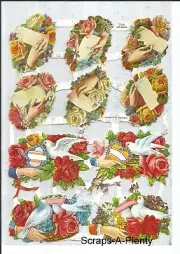 German SILVER GLITTER Embossed Scrap Die Cut - Doves, Roses & Valentine EF7093G