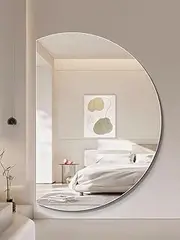 Half Left Cut Round Decorative Moon Mirror 91x130 cm Modern Artistic Design 5mm Aluminium Mirror Frameless Minimalist Décor for Living Room Bedroom Hallway