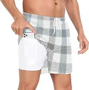 [GuoChe] Men's Swim Shorts Men's Double Layer Workout Shorts Buffalo Plaid Tartan Check Scotland Gray with Pockets Gym Shorts