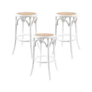 Aster 3pc Round Bar Stools Dining Stool Chair Solid Birch Wood Rattan Seat White
