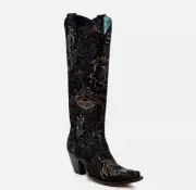 Corral Womens Gold Stamped Floral Snip Toe Black Cowhide 16in Cowboy Boots