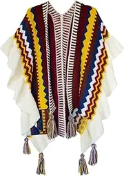 [Urban CoCo] Women's Knit Stripe Ethnic Flounced Bohemian Tasseled Poncho Shawl