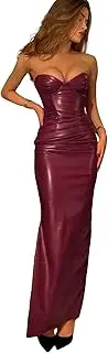 [Suillty] Women's Sexy Strapless Lace Up PU Leather Long Dress Side Split Sleeveless Ruched Bodycon Party Cocktail Dresses