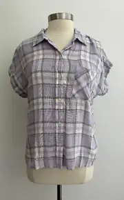 Sanctuary Purple Plaid Cap Sleeve Linen Blend Button Front Top Medium New NWT