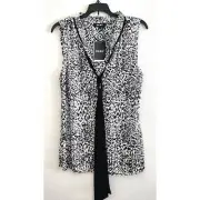 TOP/BLOUSE-DKNY-Black White-Pleats-Sleeveless-Front Tie-V-Neck-Size XL