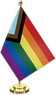 Progress Rainbow Desk Small Flag Set,5×8 Inch Mini Progressive Rainbow Lgbtq Pride Rainbow Desktop Banner,12" Metal Solid Pole Decor,Tiny Digital Printed Polyester Banner With Golden Base