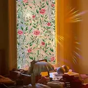 Yeysynana Window Film, Decorative Flower Window Privacy Film, Green Vines Rose Floral Double Sided Static Glass Window Clings Declas for Home Office Living Room Bedroom Glass Windows Door Decor