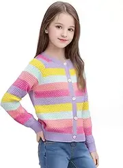 [Generic] Girls' Knitted Cardigan Kids Rainbow Striped Button-Up Long Sleeves Knitwear Toddler Open Front Crew Neck Colourful Tops