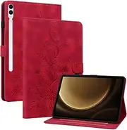 [Rosbtib] Case for Samsung Galaxy Tab S10 Plus/ S9 Plus/ S9 FE Plus 12.4 Inch, Multi-Angle Viewing Faux Leather Protective Case with Card Slots Cover Lily Pattern Red