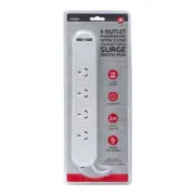 Surge Protected 4 Way Outlet Switched Power Board/2 USB Port 2400W w/ 1m Cable