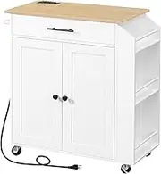 HOOBRO Kitchen Island with Power Outlet, Kitchen Storage Island with Spice Rack and Drawer, Rolling Kitchen on Wheels, for Home, Dining Room, Natural and White
