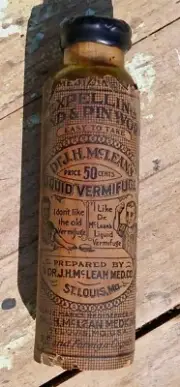 DR. J.H. McLEAN'S Full Liquid Vermifuge St Loise Mo, Bottle W/ Paper Wrap Cork