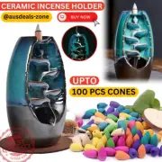 Backflow Ceramic Smoke Incense Cone Burner Holder Glaze Waterfall 50 Cones Gift
