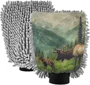 XYMZR Wild Elk Nature Calf Absorbent Microfiber Car Wash Mitt, Funny Cute Anime Scratch Free for Cars Cleaning, Home Cleaning Mitts, 2 Pack, 10.24” L x 7.09” W