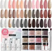 20 Colors Dip Powder Nail Kit Starter, AZUREBEAUTY Classic Nude Collection Glitter Pink Neutral Chocolate Brown Skin Tone Dipping Powder Liquid Set with Top/Base Coat French Nail Art Manicure DIY