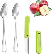 Hinapan 4 Pieces Grapefruit Spoons with 1 Folding Knife, Stainless Steel Spoon with Prongs, Serrated Edge and Thick Handle, Fruit Spoon for Kiwi, Apples, Kitchen Tool with Non-Stick Coating