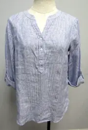 Talbots Blue White Striped Top Roll Up Sleeves Button Veck Neck Size XS New