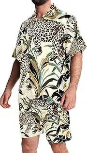 [FNETJXF] Men's Hawaiian Shirts and Shorts Set, 2 Piece Set for Men, Vacation Outfits for Men, Lemon, Men Short Sets Outfits