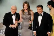 Director Kathryn Bigelow onstage with co-hosts Steve Martin Alec B- Old Photo