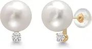[Gem Stone King] 14K Yellow Gold Cultured Freshwater Pearls and White Moissanite Stud Earrings For Women (Pearl: 8-8.5MM, Moissanite: 0.13 Cttw, Round 2.5MM), metal,gemstone, freshwater pearl & moissanite