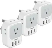 US to UK Plug Adapter 3 Pack, TESSAN Type G Adapter for Travel with 4 Outlets 3