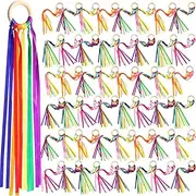 Junkin Rainbow Hand Kite Waldorf Toys Creative Dancing Ribbon Streamer with Wood Ring Wrist Sensory Learning Educational Toys for Playroom Dancing Birthday Party Gift(Rainbow,48 Pcs)