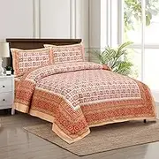 Cotton 144 TC 1 Bedsheet with 2 Pillow Covers Sanganeri Jaipuri Print (Size 90 inches x 108 inches) Standard King Size Bedsheet for Home and Living Room (Orange Boota)