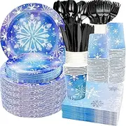 175Pcs Frozen Snowflake Party Supplies Set 9"Snowflake Paper Plates7"Winter Snowflake Frozen Plates Napkin Cup Knive Fork Spoon for Winter Wonderland Xmas Snowflake Birthday Party Decor Serve25 (Blue)