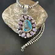 Purple Charoite Turquoise Pendant Navajo Pearls Sterling Silver Necklace 17190