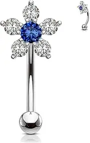 [204Dealnow] 16G (1.2 mm) 6 mm CZ Flower Curve Barbell Eyebrow Ring Surgical Steel Daith Lip Rook Snug Belly Button Piercing Body Jewelry For Men Women Cubic Zirconia