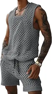 [NAKEAH] Men's Tracksuit Set Summer Fashion Hollow Out Knitted Vest & Shorts Two Piece Set