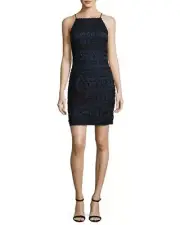 $395 Aidan Mattox Black Twilight Geometric Beaded Illusion Sheath Dress NWT A960