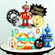 9 PCS JeVenis Robot Cake Topper Robot Happy Birthday Cake Decoration Gear Cake Topper