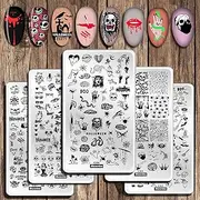 Stamping Stencil Nail Art Halloween Stamp for Nails, Pack of 5 Nail Stencil Spider Web Skull Snake Stamp Nail Design, 12 x 6 cm Halloween Nails Stainless Steel Nail Stencils for Gel Nails