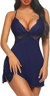 [NAMSAT] Women Lace Chemise Sleepwea V-Neck Spaghetti Strap Lace Chemises Sexy Lace Trim Side SlitCami Sleep Dress, Blue, Small, Blue, Small