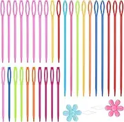 Pack of 32 Plastic Sewing Needles with Flower Threaders, Colourful Plastic Darning Needles with Large Eye for Children, Wool Needle for Sewing for DIY, Sewing, Crafts