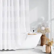 White Fabric Shower Curtain, Tufted Chenille Striped Textured Cloth Shower Cu...