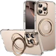 [Nexue] Clear Case for iPhone 12 Case with Magnetic 360 Rotatable Ring Stand [ Compatible with MagSafe ], Heavy Duty Military Grade Cover with Ring Kickstand for Women Men,Gold