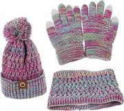 [WESIEVYA] Girls Winter Hat Gloves Scarf Set Hand Knit Beanie Pompom Warm Stylish for Outdoor Play Violet