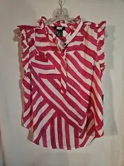 DKNY Sleeveless Ruffled Printed Blouse Geometric Pattern In Hibiscus Size Medium